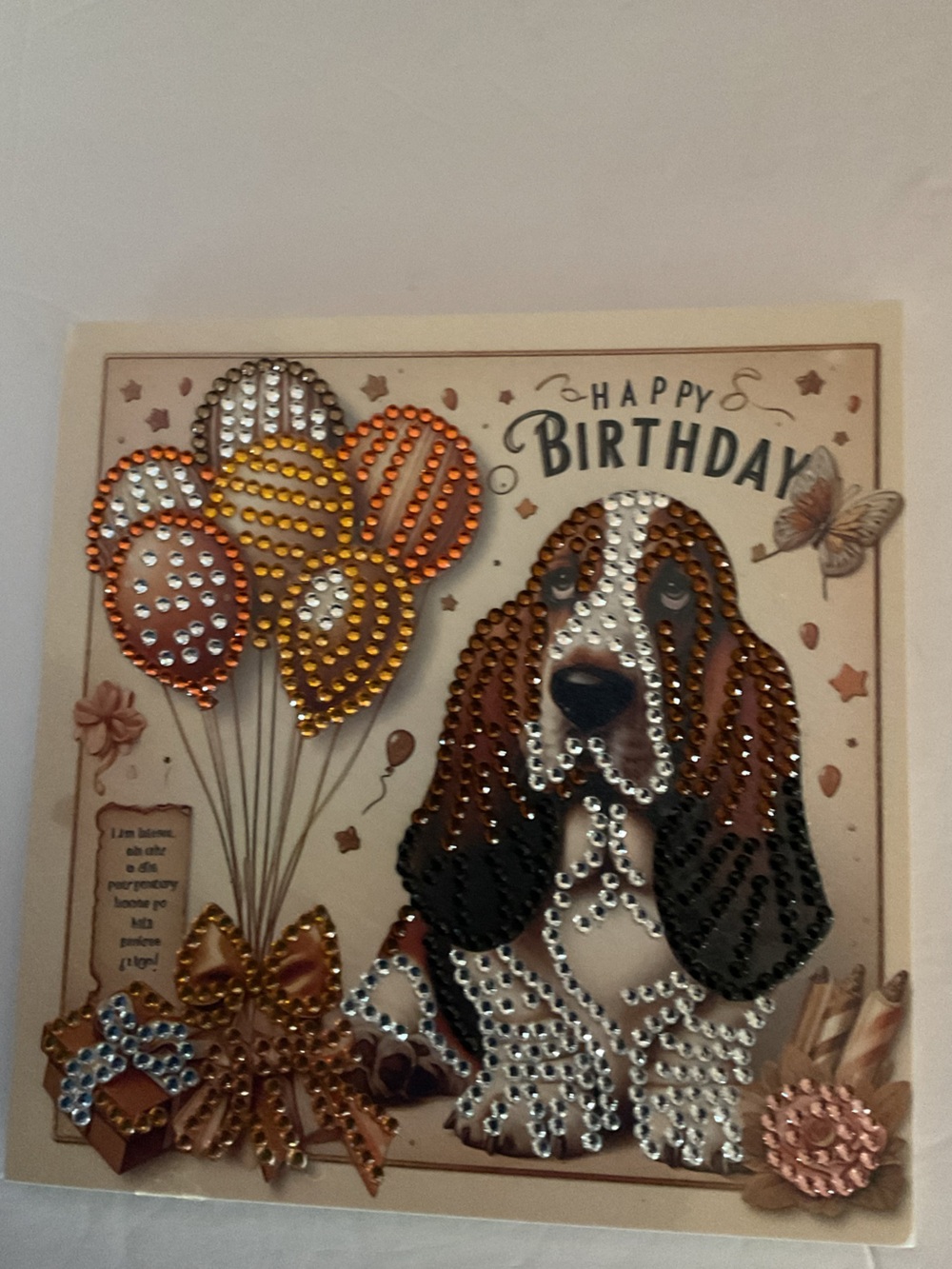 Set of 3, Embellished Basset Hound Birthday Card - Brown & Cream. Handmade.